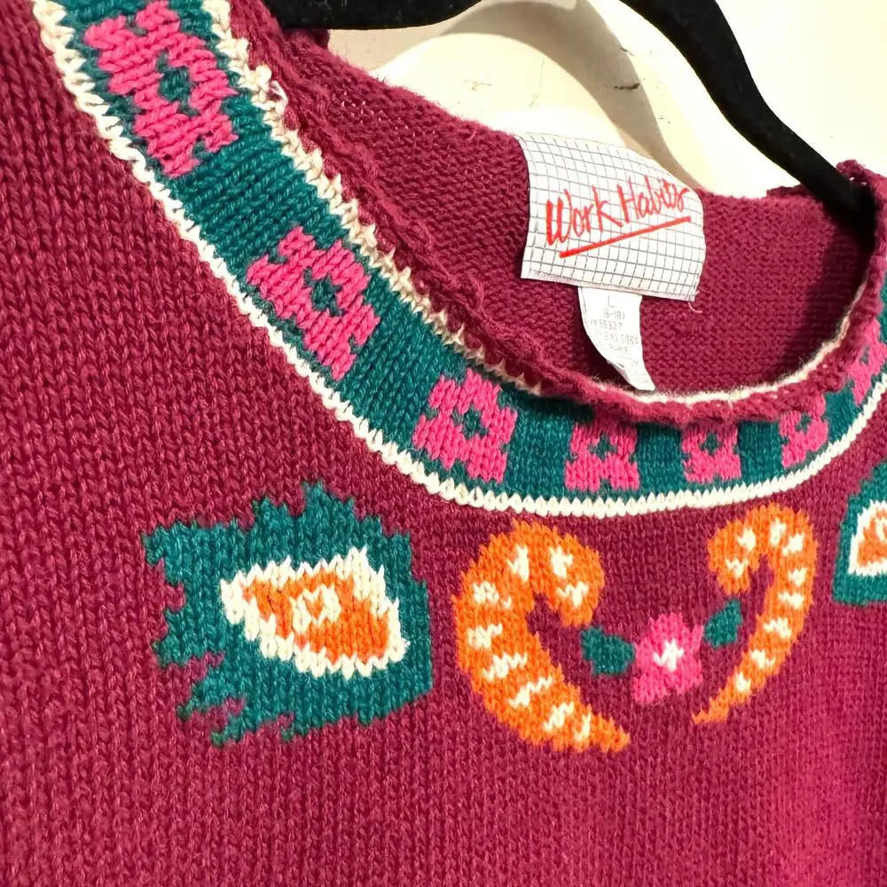 Vintage Folk Art Sweater Size L Cropped Cotton Blend Casual Summer Boho‎ Retro
